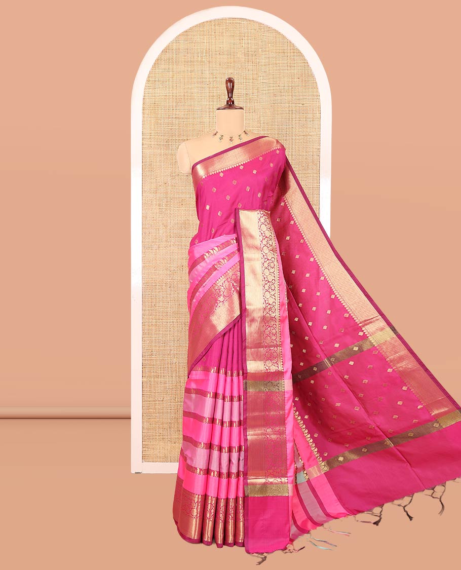 Pink Semi-Katan Silk Saree, Adorned with Zari Designs, Contrast Floral Creeper Border, Self-Pallu, and Matching Blouse