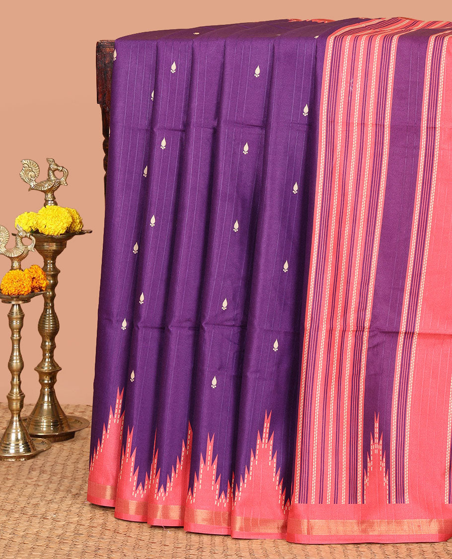 Purple Kathan Silk Saree Adorned with Buttas, Contrast Temple Border, Temple pallu, and Striped Blouse