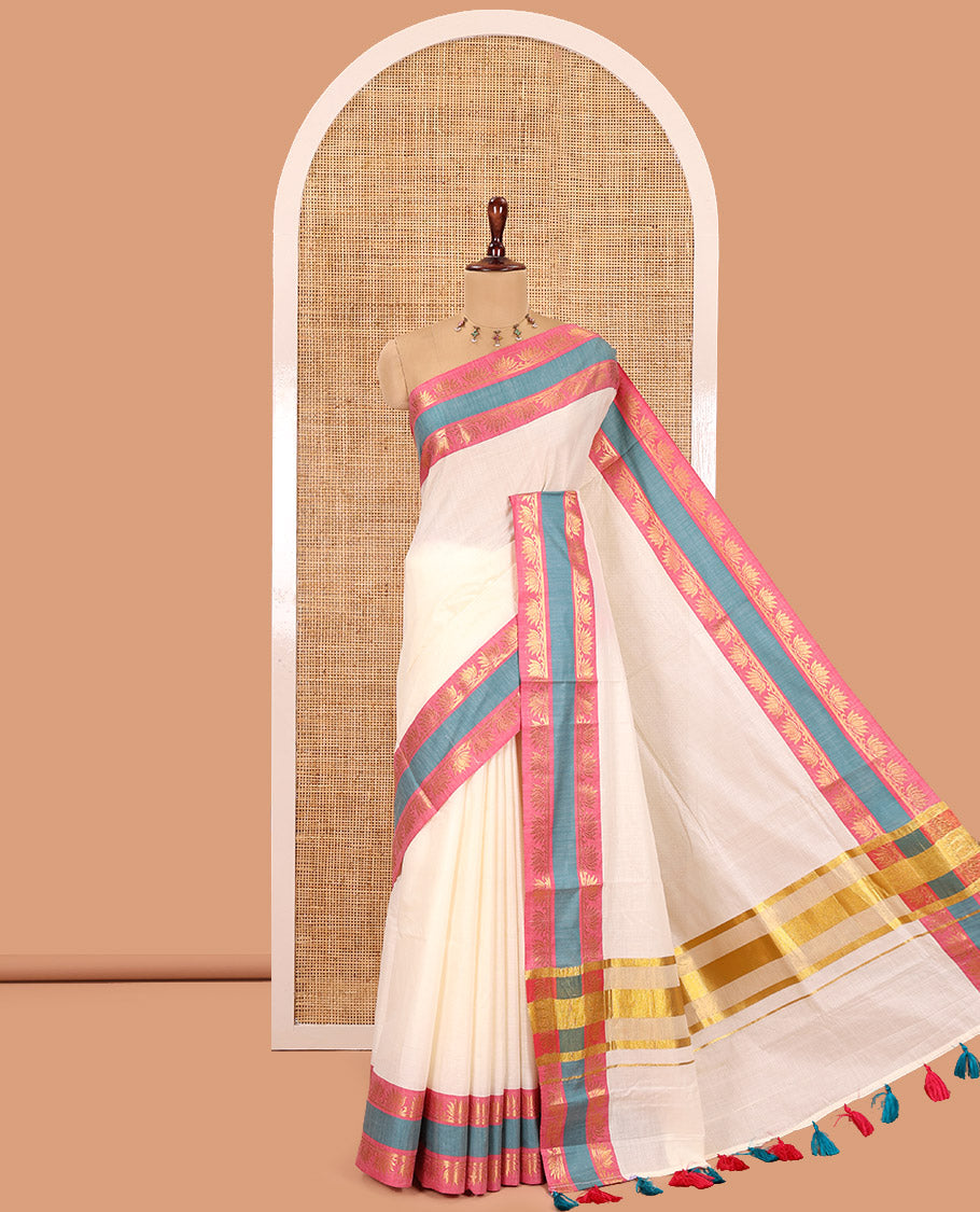 Cream Plain Kerala Cotton Saree, Contrast Pichwai Lotus Woven Border, a Matching Blouse