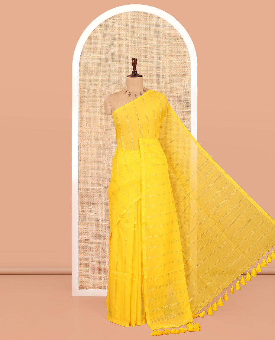 Borderless Yellow Khadi Mul Cotton Saree, Adorned with Vertical Zari Stripes, a Self-Pallu, and No Blouse