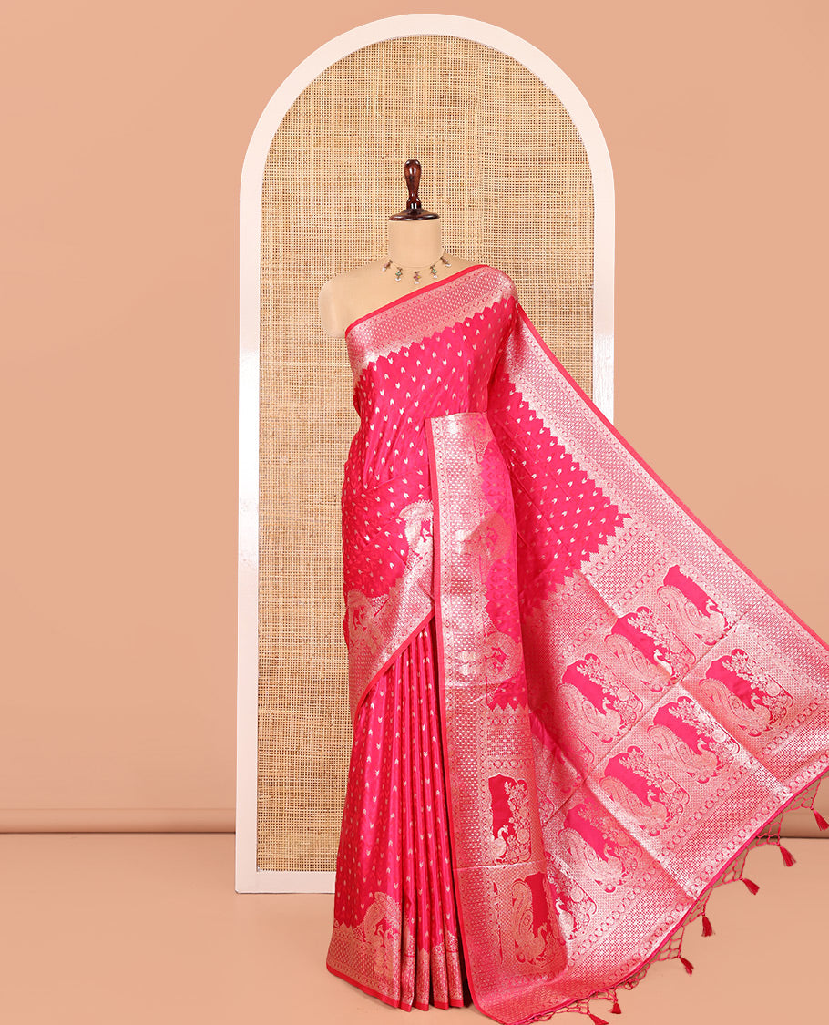 Pink Satin Silk Saree, Steeped in Richness of Buttas and Embossed Texture, Traditional Peacock Zari Border, Peacock Pallu, and a Matching Blouse