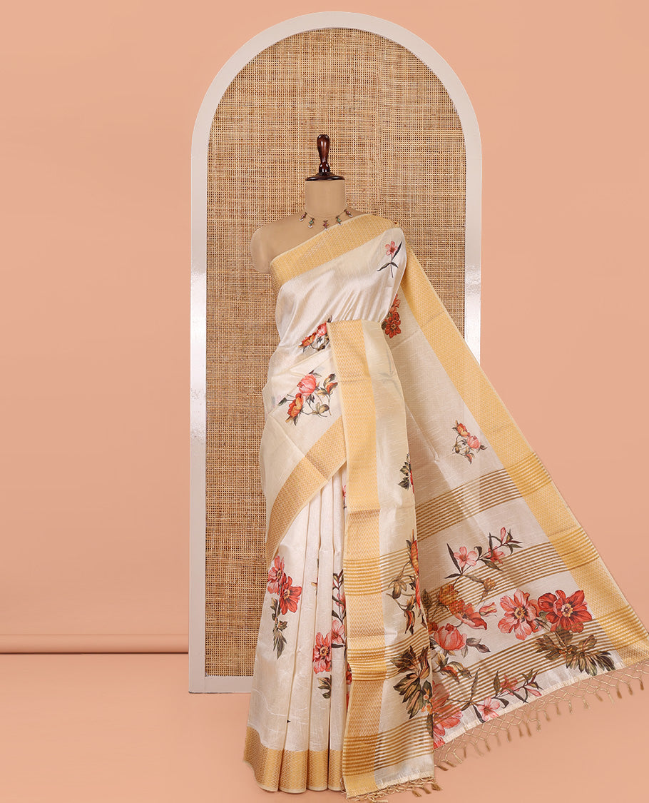 Cream Semi-Tussar Saree, Prettified with Floral Print, Zari Chevron Striped Border, and a Matching Blouse