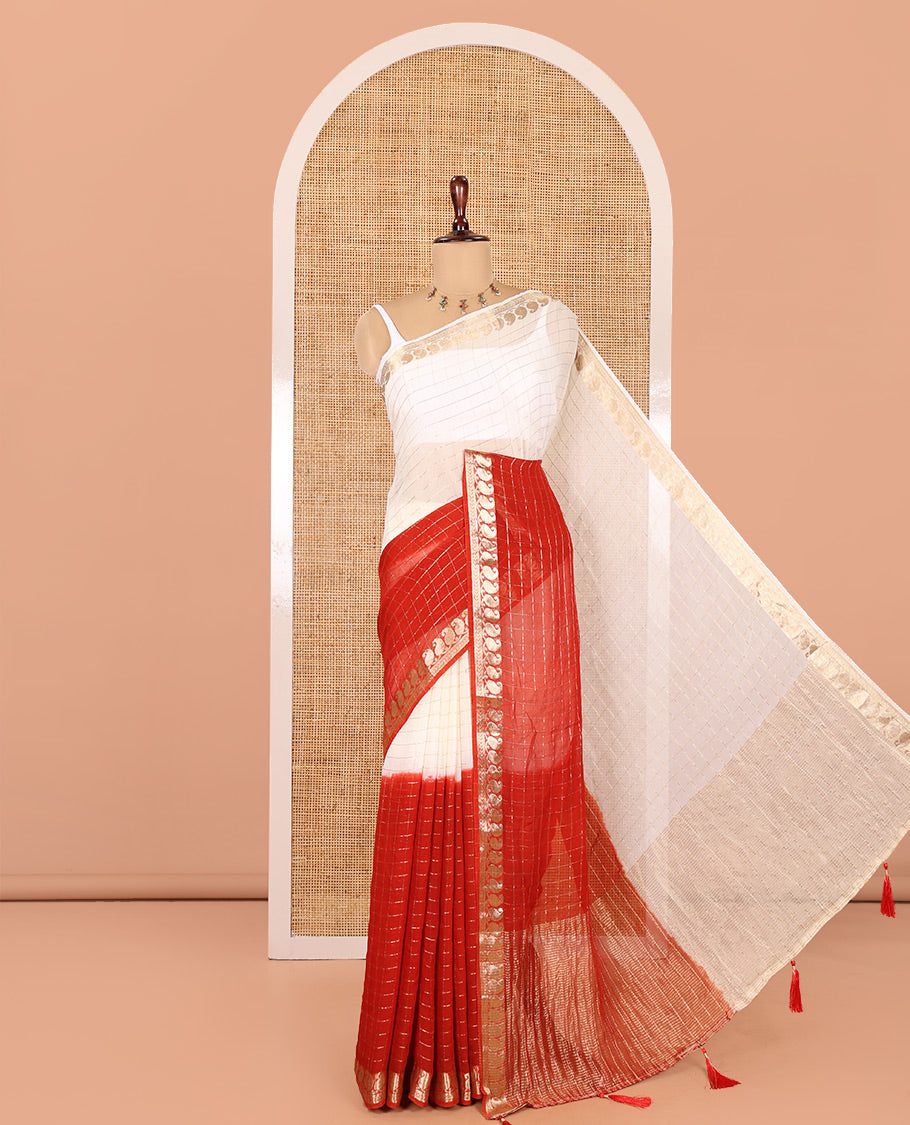 Off-White-Red Chiffon Saree, Ornamented with Dual-Dyed and Zari Checks, Paisley Border, Striped Pallu, Contrast Blouse