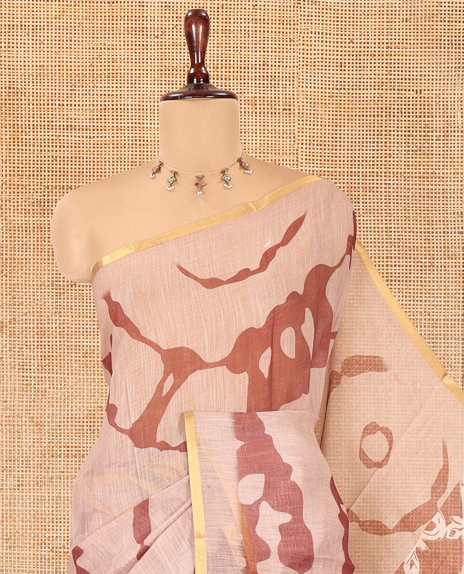 Chikku Linen Cotton Saree, Adorned with Shibori Print, Gold Piping Border, Contrast Floral Printed Pallu, and Contrast Floral Printed Blouse