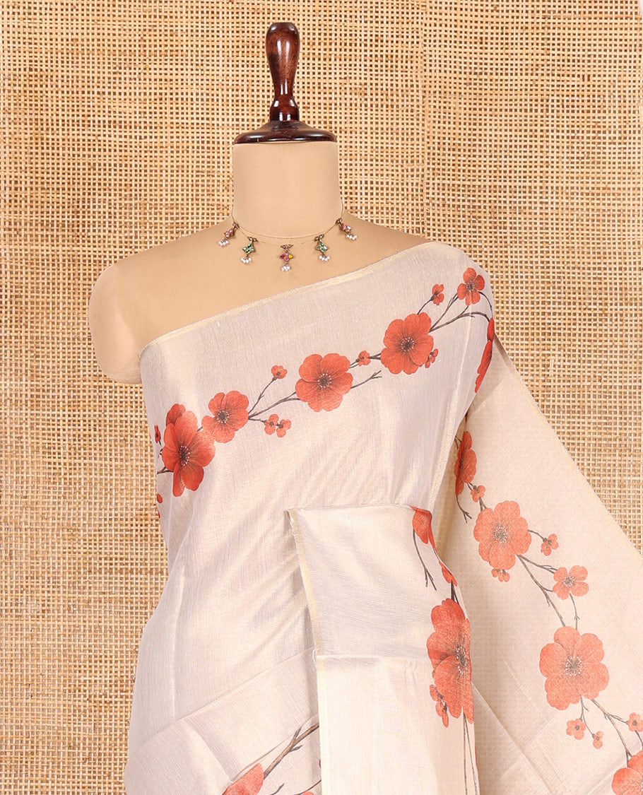 Gold Plain Tissue Saree, Ornamented with a Floral Printed Border and a Matching Blouse