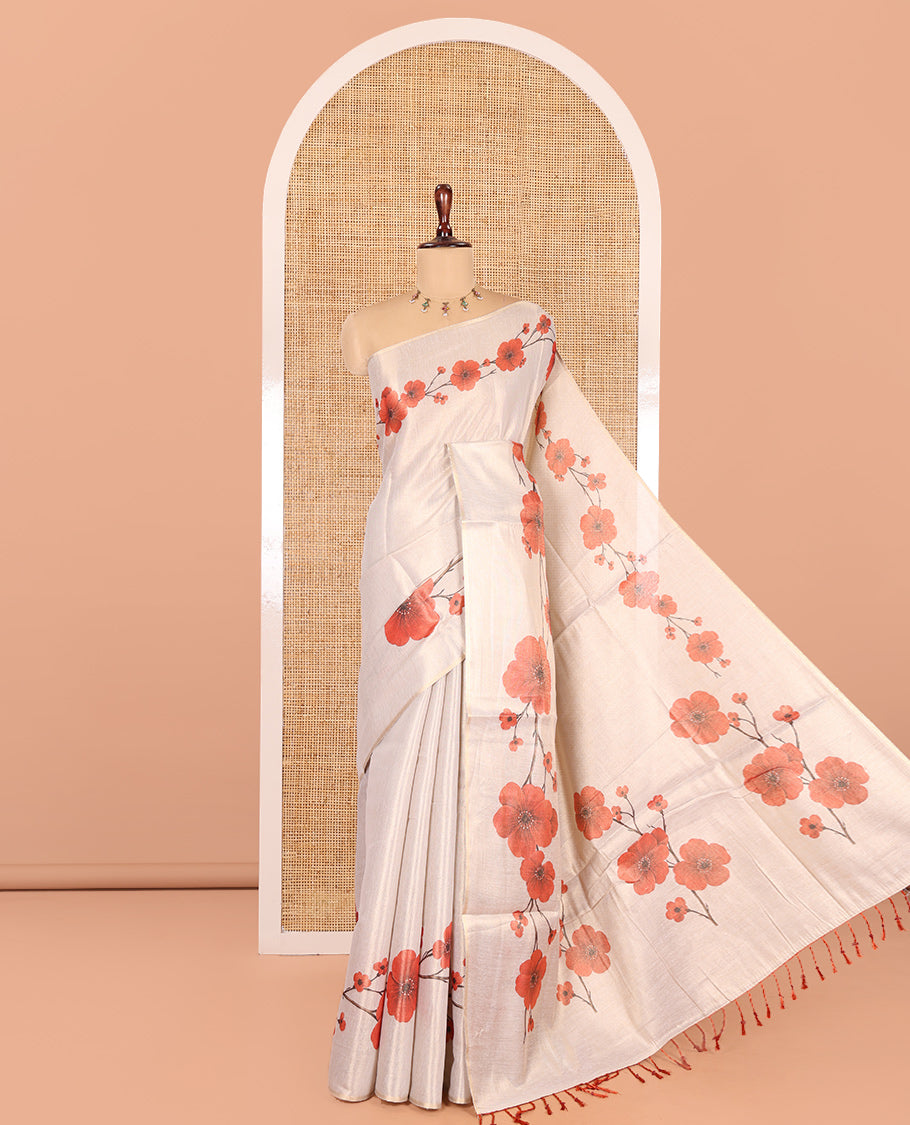 Gold Plain Tissue Saree, Ornamented with a Floral Printed Border and a Matching Blouse