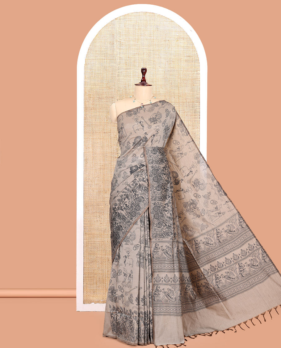Borderless Brown South Cotton Saree, Embellished with Kalamkari-Style Motifs Outline Print, and a Matching Blouse