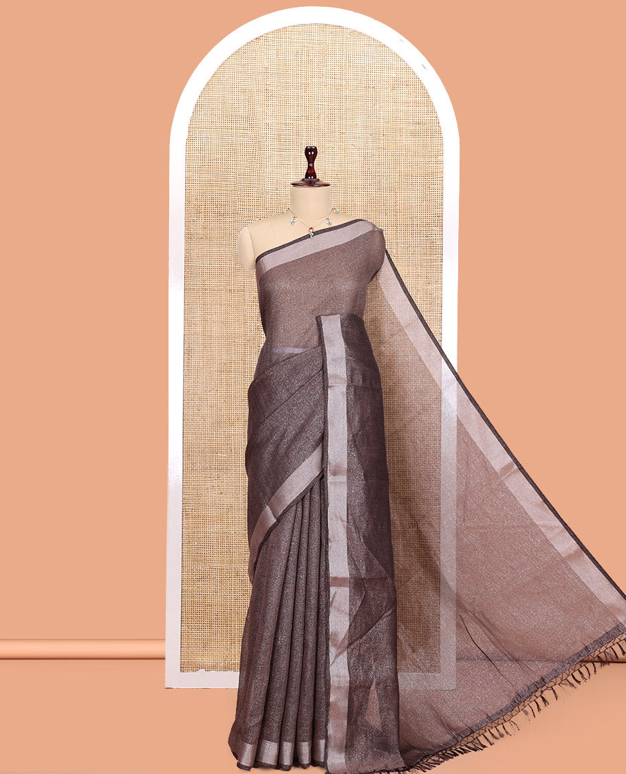 Brown Linen Cotton Saree, Gleamed Up with Gold Zari Stripes, Plain Border, a Self-Pallu, and No Blouse