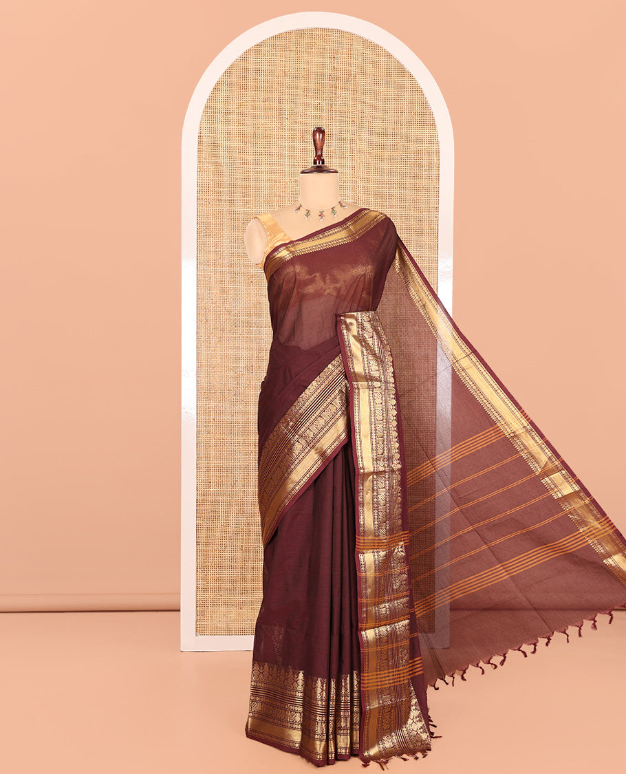 Coffee Brown Plain Chettinad Cotton Saree, Highlighted by Traditional Kanchi Border, Striped Pallu, a Matching Blouse