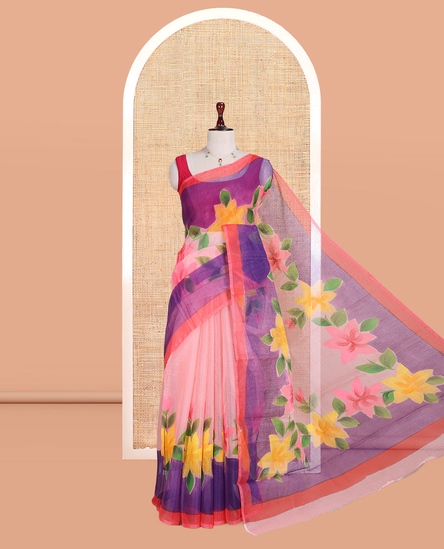 Peach Kota Doria Saree, Adorned with 6-Petal Floral Print, a Contrast Border, and a Matching Blouse