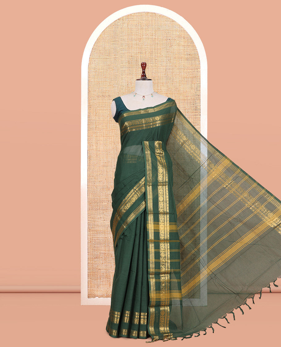 Dark Green Plain Chettinad Cotton Saree, Highlighted by a Rettai Pettu Traditional Border, a Matching Blouse
