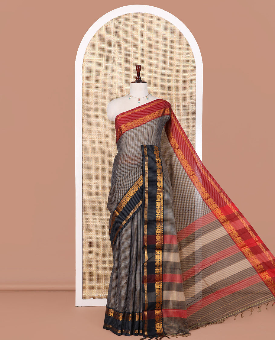 Light Brown Checked Mercerised Cotton Saree, Contrast Ganga-Jamuna Traditional Border, and Matching Blouse