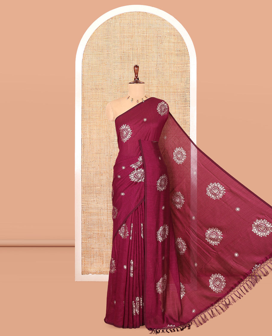 Borderless Wine Vichitra Silk Saree, Enriched with Circle Buttas, a Self-Pallu, and No Blouse