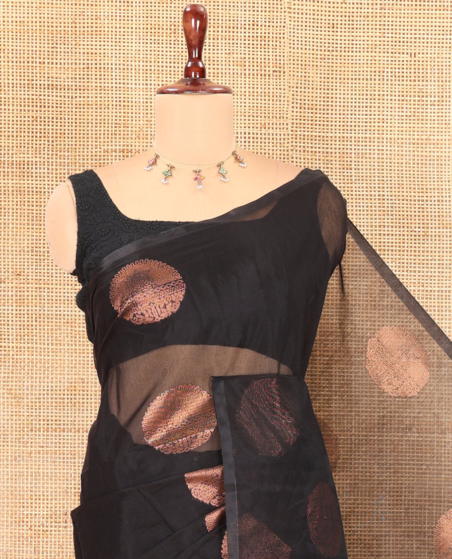 Borderless Black Semi-Silk Cotton Saree Embellished with Circle Zari Buttas, a Contrast Intricate Pallu, and a Contrast Blouse