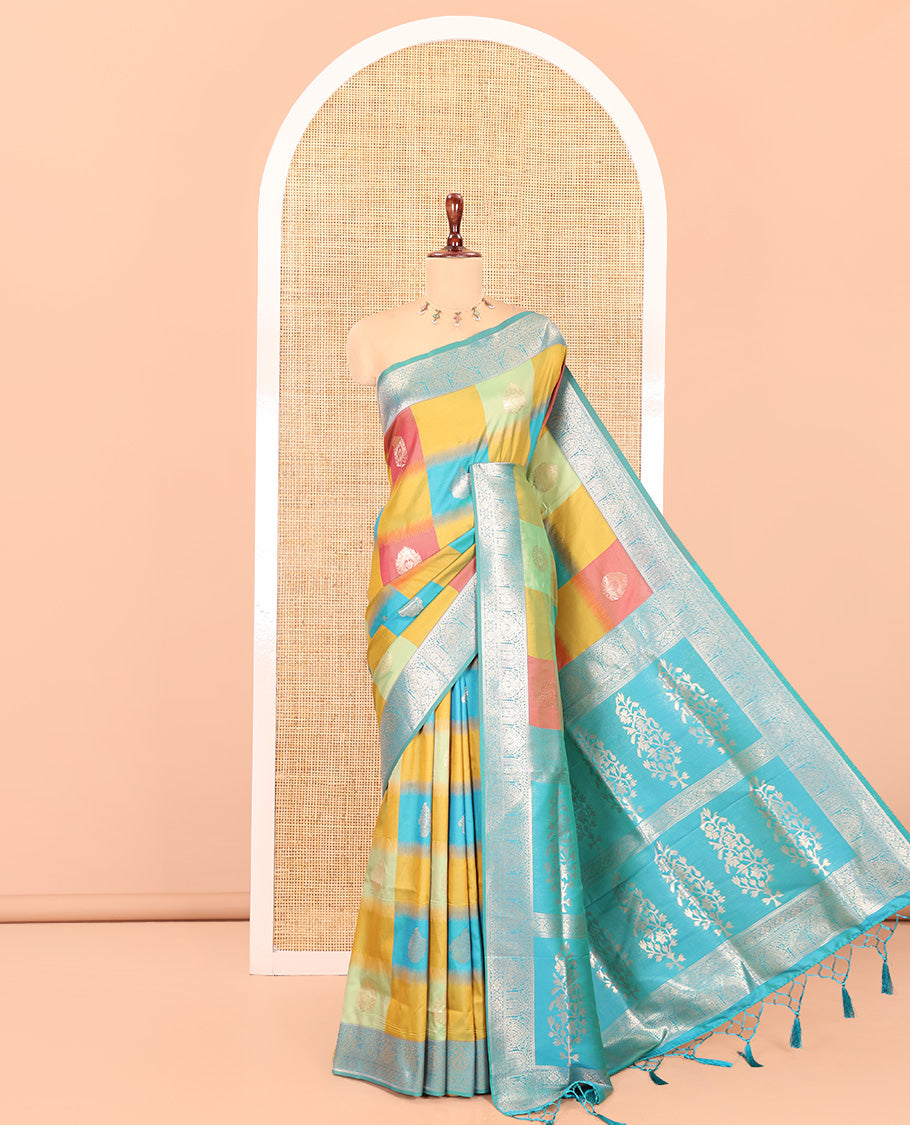 Rama Elite Soft Silk Saree, Decked up with Zari Buttas and Checks, a Contrast Traditional Border, Grand Pallu, and a Contrast Blouse