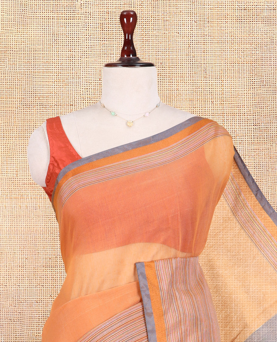 Orange Plain Khadi Cotton Saree, Contrast Satin Striped Border, Striped Pallu, and a Contrast Blouse