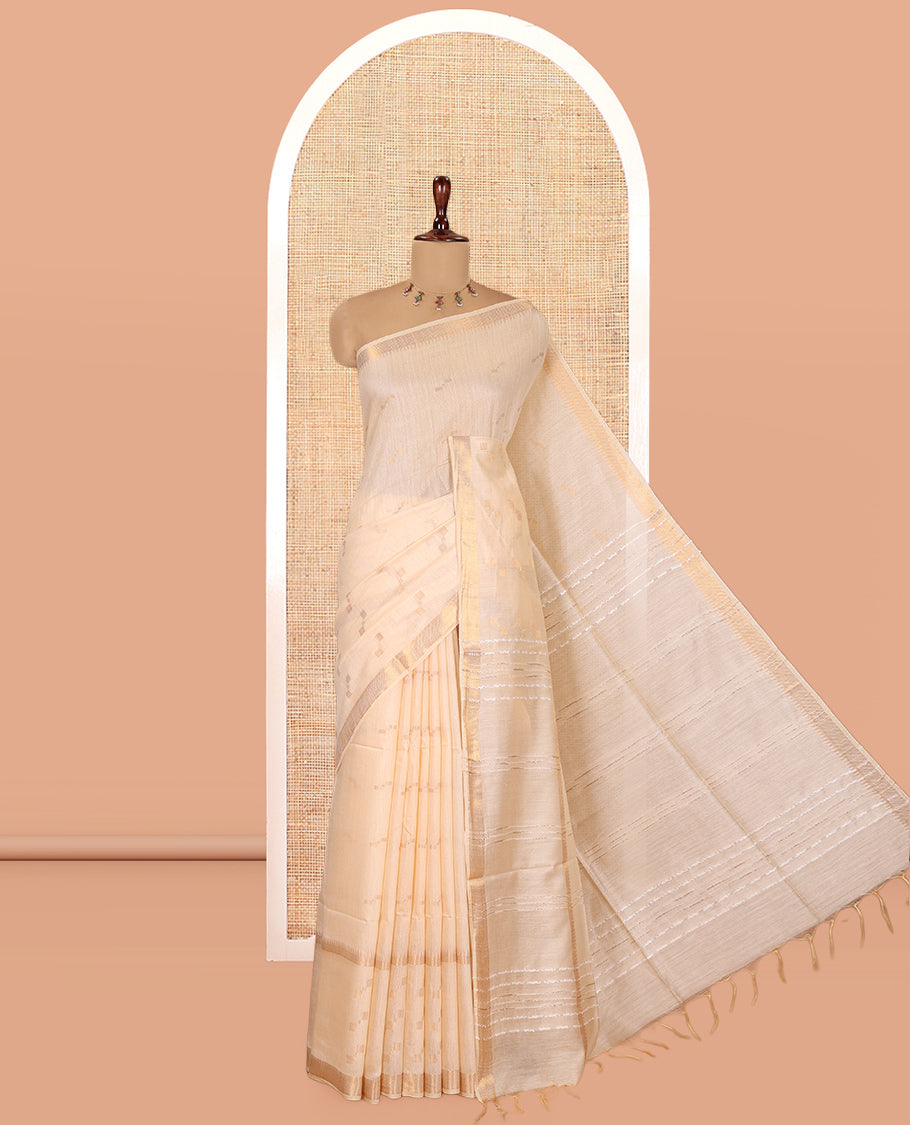Cream Bhagalpur Cotton Saree, Adorned with Zari Buttas, a Temple Zari Border, Self-Pallu, and a Matching Blouse