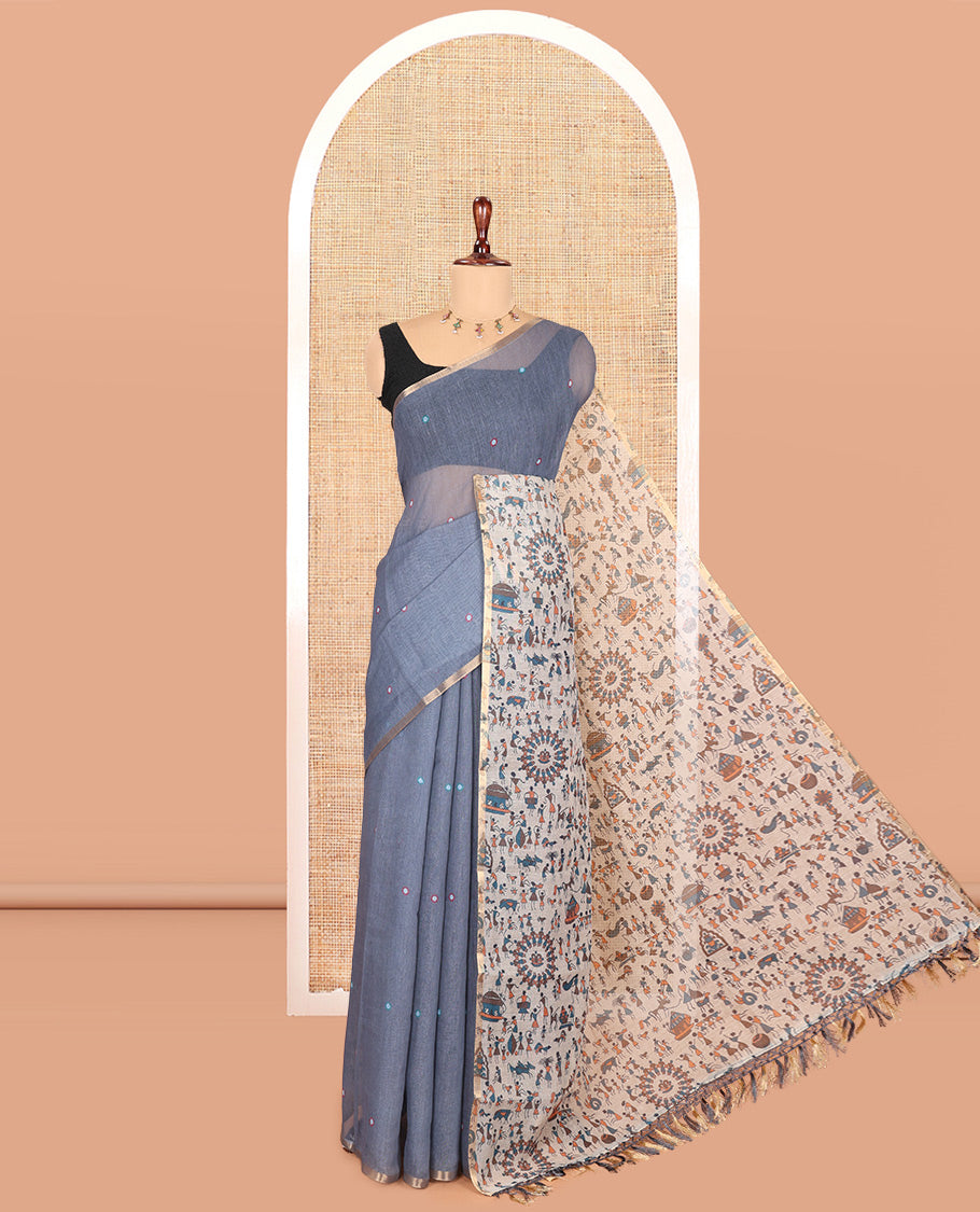 Grey Linen Cotton Saree, Adorned with Mirrorwork, a Piping Border, Contrast Warli Printed Pallu, Contrast Blouse