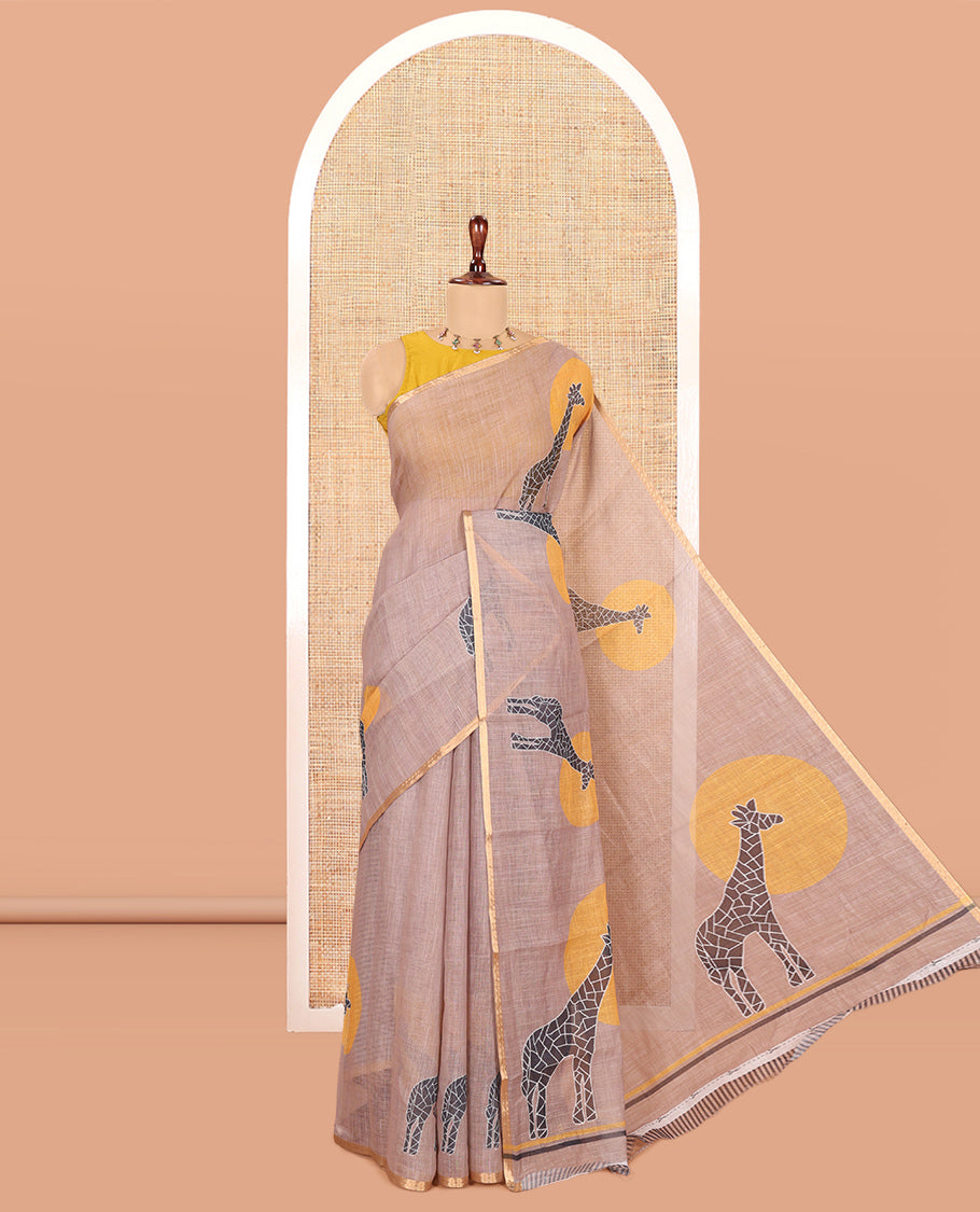 Chikku Giraffe Motif Print Linen Cotton Saree, a Piping Border, a Self-Pallu, and Matching Blouse