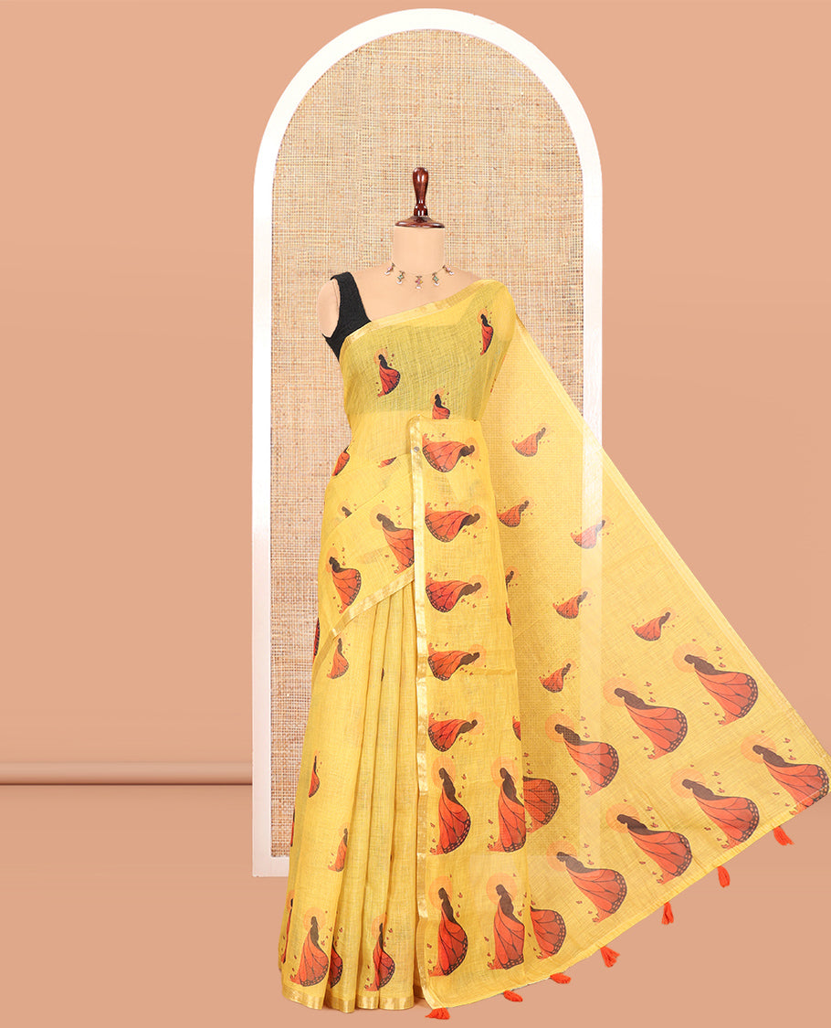 Yellow Linen Cotton Saree, Adorned with Butterfly Woman Print, a Piping Border, a Contrast Blouse