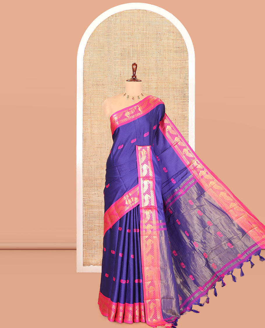 Royal Blue Peacock Buttas Semi-Soft Silk Saree, Contrast Peacock Border, Buttas Pallu, Matching Blouse