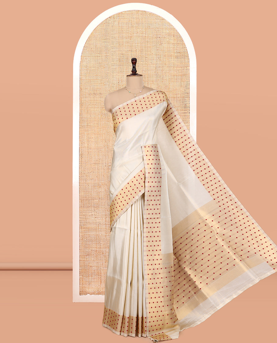 Gold-Maroon Plain Tissue Saree, Gold Polka-Dotted Border, Matching Blouse