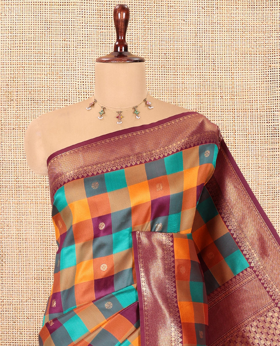 Wine Buttas-Checked Semi-Kanchi Silk Saree, a Traditional Border, Grand Pallu, Matching Blouse