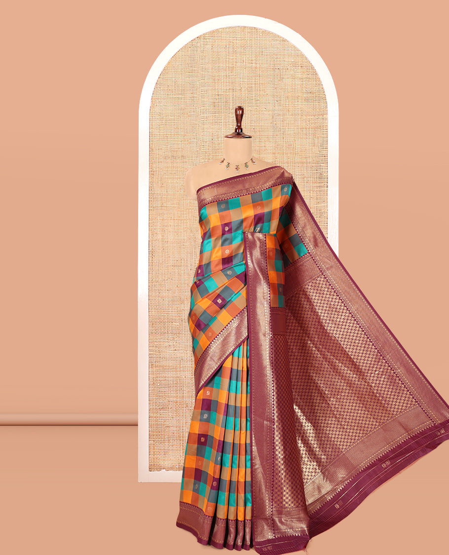 Wine Buttas-Checked Semi-Kanchi Silk Saree, a Traditional Border, Grand Pallu, Matching Blouse