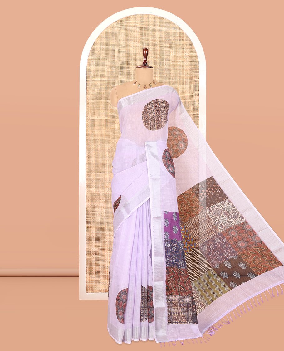 Lavender Linen Cotton Saree Features Ajrakh Geometric Print, a Zari Border, Printed Pallu, Contrast Blouse