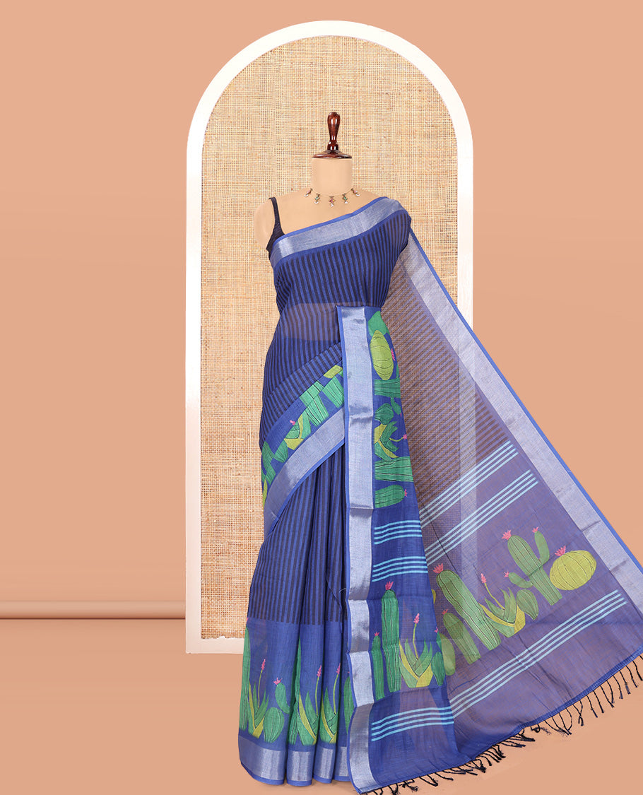 Royal Blue Cactus Printed Linen Cotton Saree, a Zari Border, and a Matching Blouse