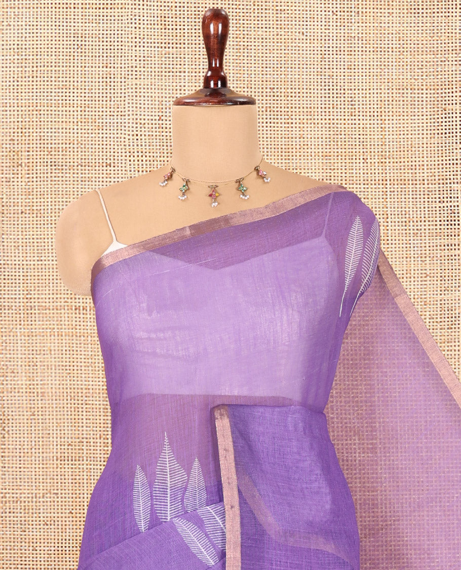 Violet Linen Cotton Saree Features Tree Print, a Zari Piping Border, and a Matching Blouse