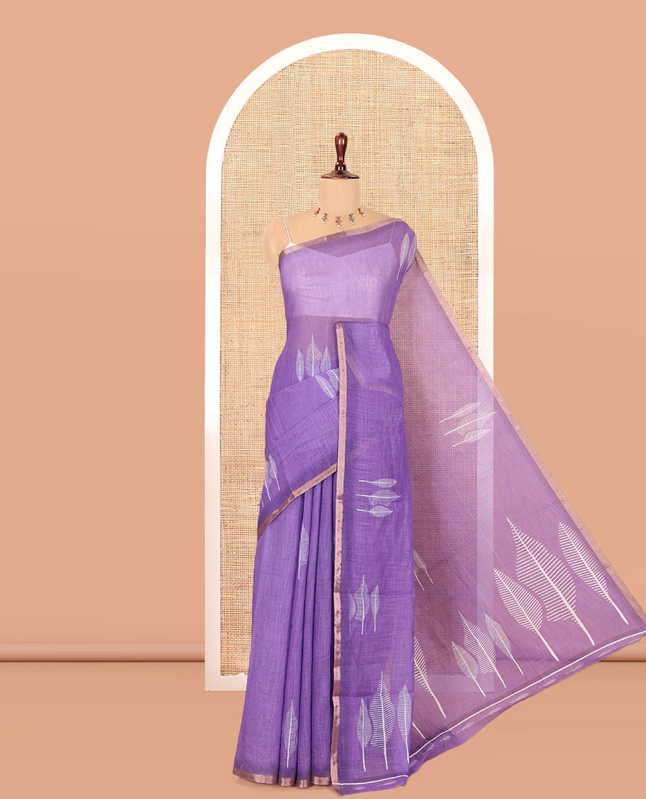 Violet Linen Cotton Saree Features Tree Print, a Zari Piping Border, and a Matching Blouse