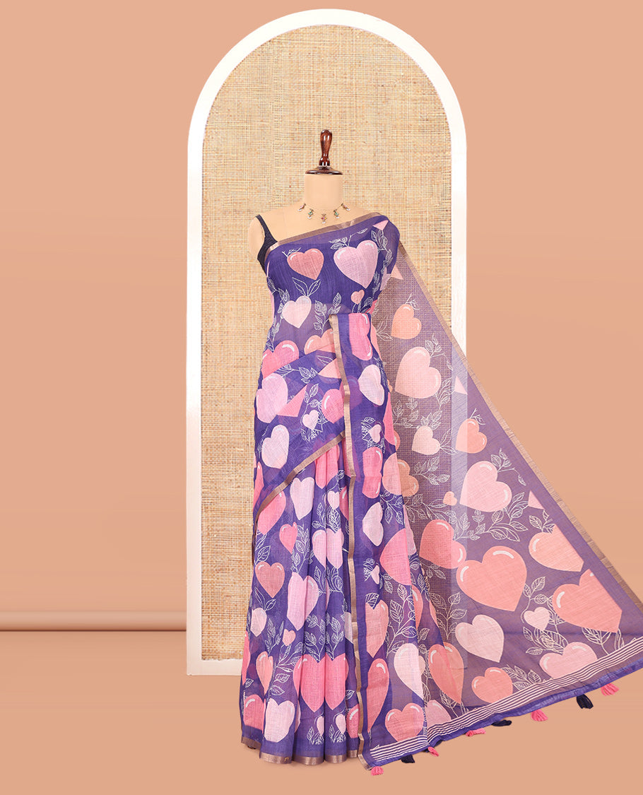 Borderless Violet Heart Motifs Printed Linen-Cotton Saree, a Self-Printed Pallu, and a Matching Blouse