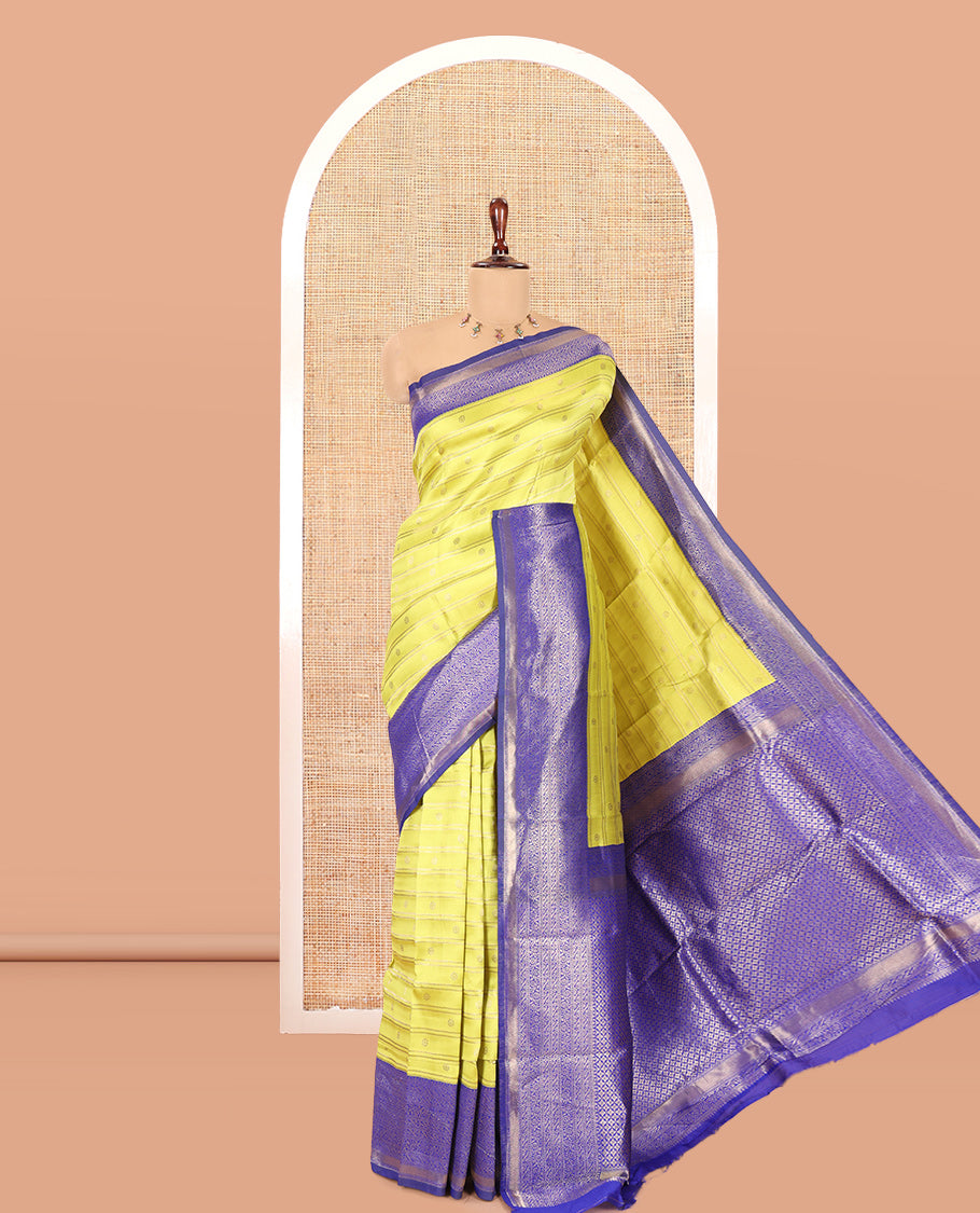 Lemon Yellow Semi-Kanchi Silk Saree, Adorned with Stripes and Buttas, a Contrast Traditional Zari Border, Grand Pallu, and a Contrast Blouse