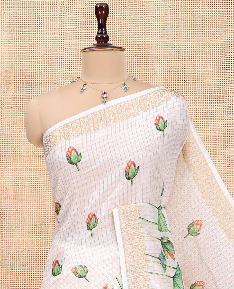Cream Semi-Tussar Saree Features Checks and Pichwai Lotus Print, a Zari Border, and a Matching Blouse