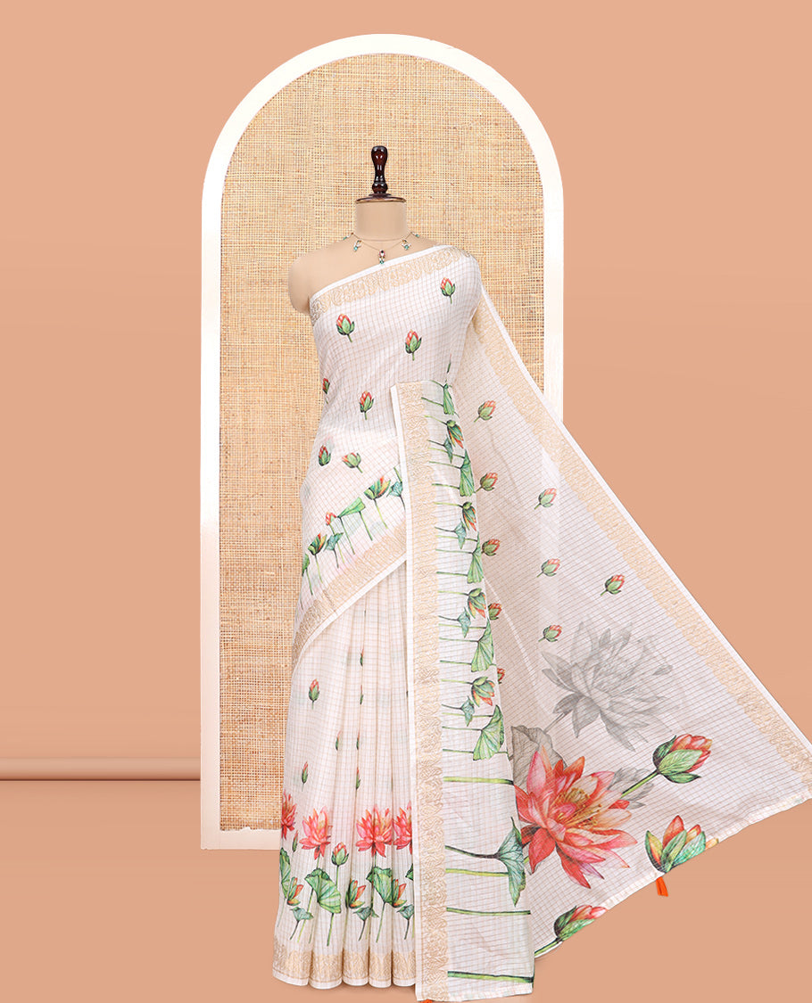 Cream Semi-Tussar Saree Features Checks and Pichwai Lotus Print, a Zari Border, and a Matching Blouse