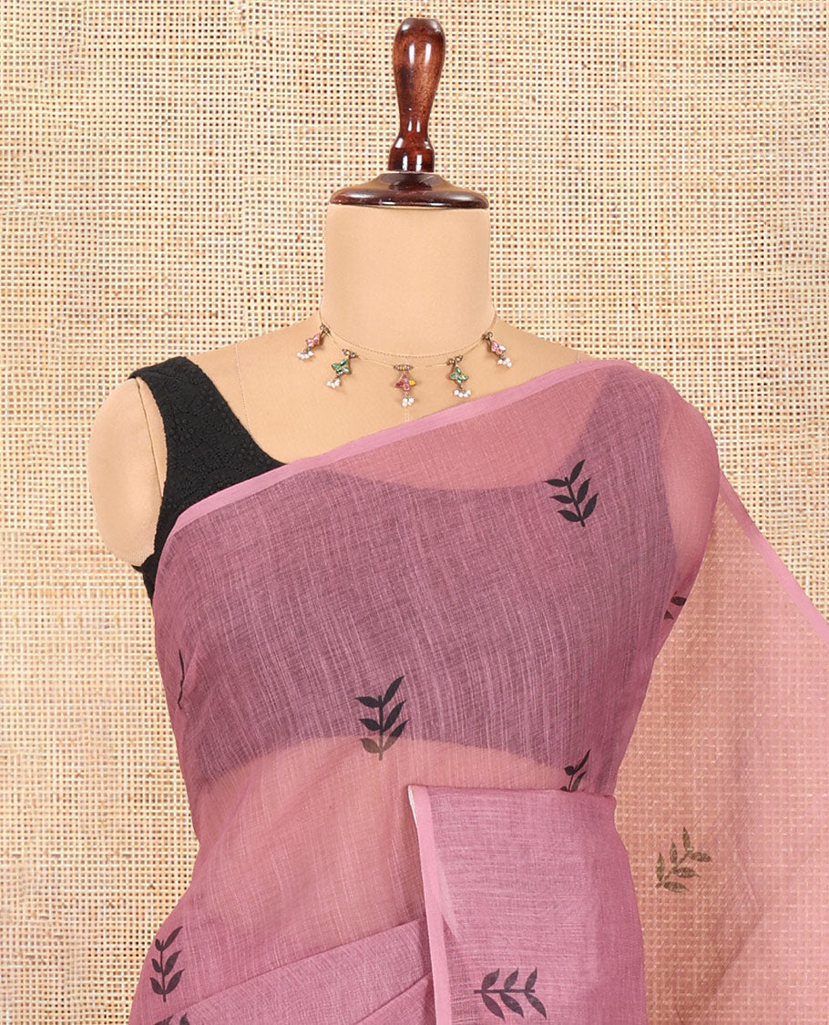 Borderless Dusky Rose Linen Cotton Saree with Leaf Print, a Contrast Leaf-Printed Pallu, and Contrast Blouse