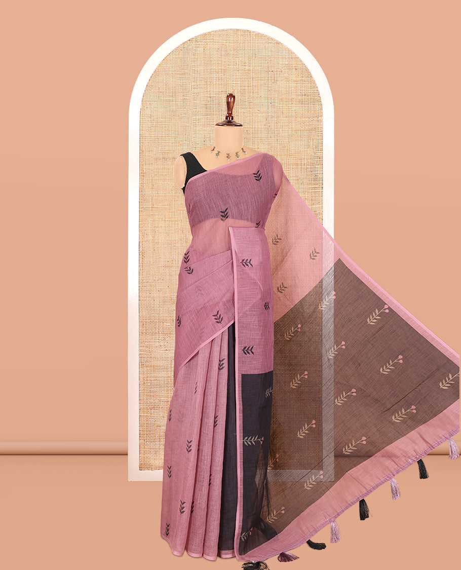 Borderless Dusky Rose Linen Cotton Saree with Leaf Print, a Contrast Leaf-Printed Pallu, and Contrast Blouse