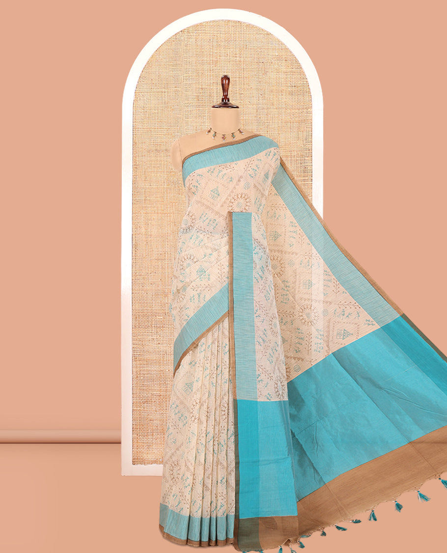 Cream-Rama Village Warli Printed Patola Cotton Saree, a Contrast Border, Contrast Pallu, and a Matching Blouse