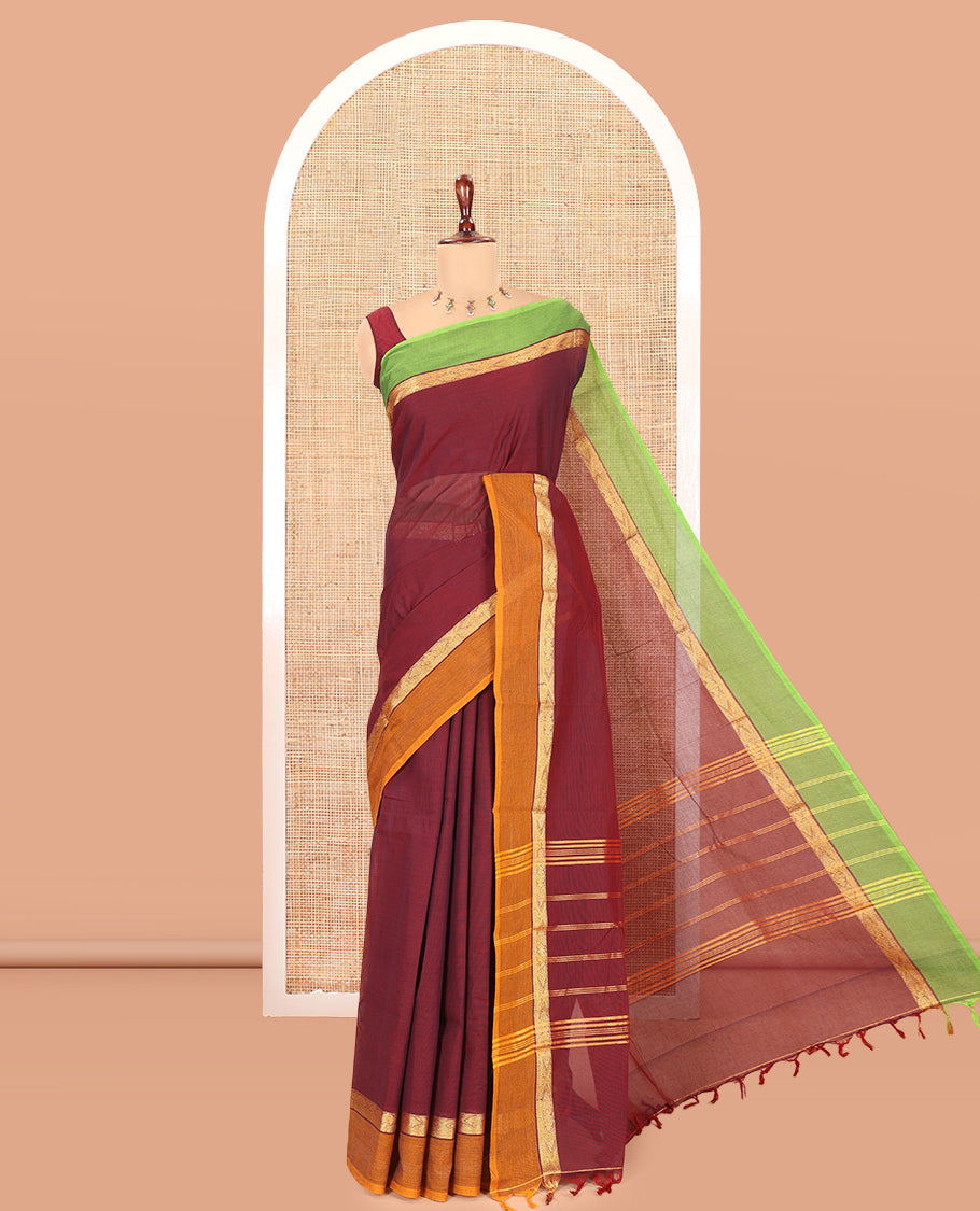 Red Plain Chettinad Cotton Saree, a Contrast Ganga-Jamuna Border, Striped Pallu, and a Matching Blouse