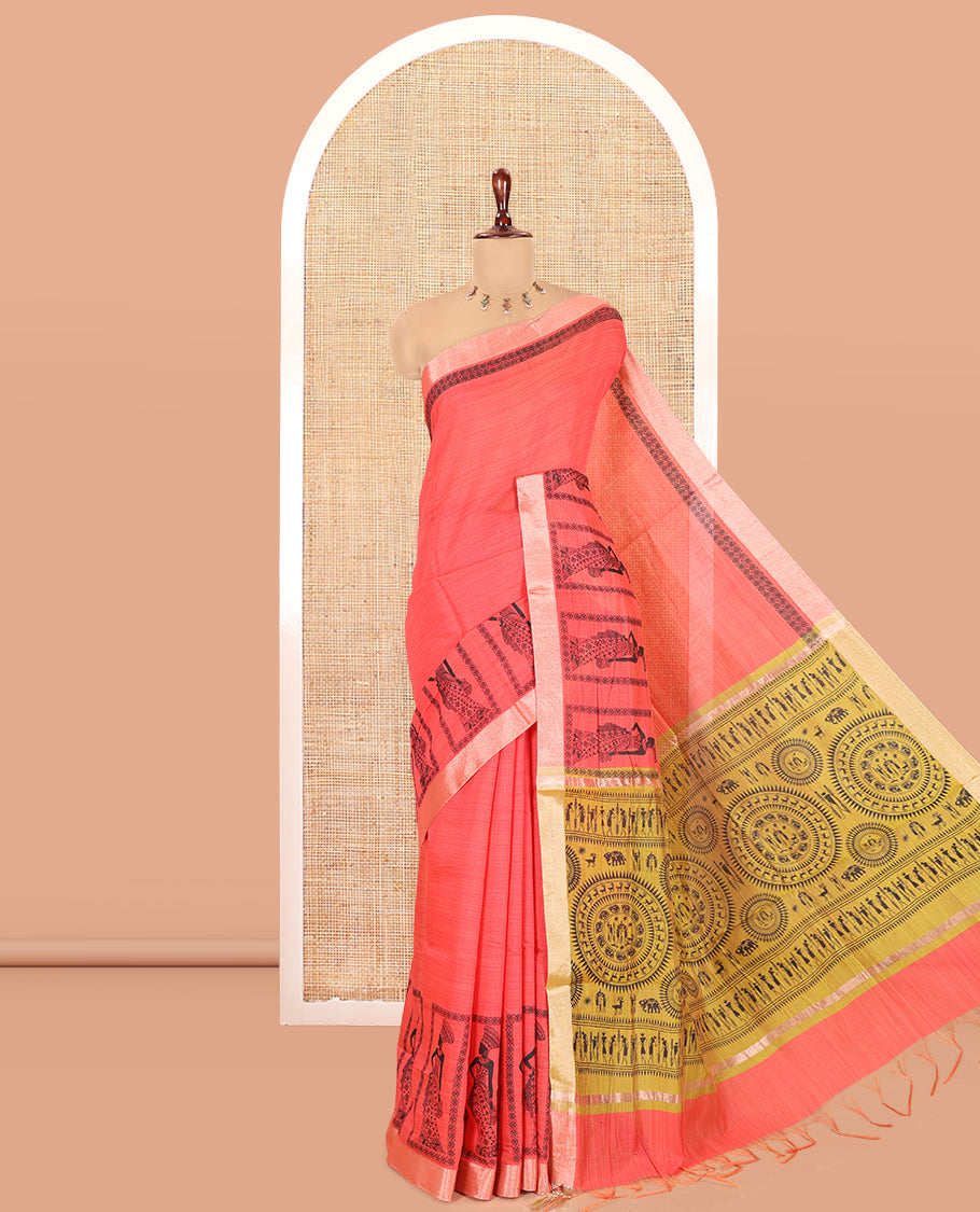 Pink Semi-Katan Silk Saree, Adorned with Human Figurine, Copper Zari Border, Contrast Warli Pallu, and a Contrast Blouse