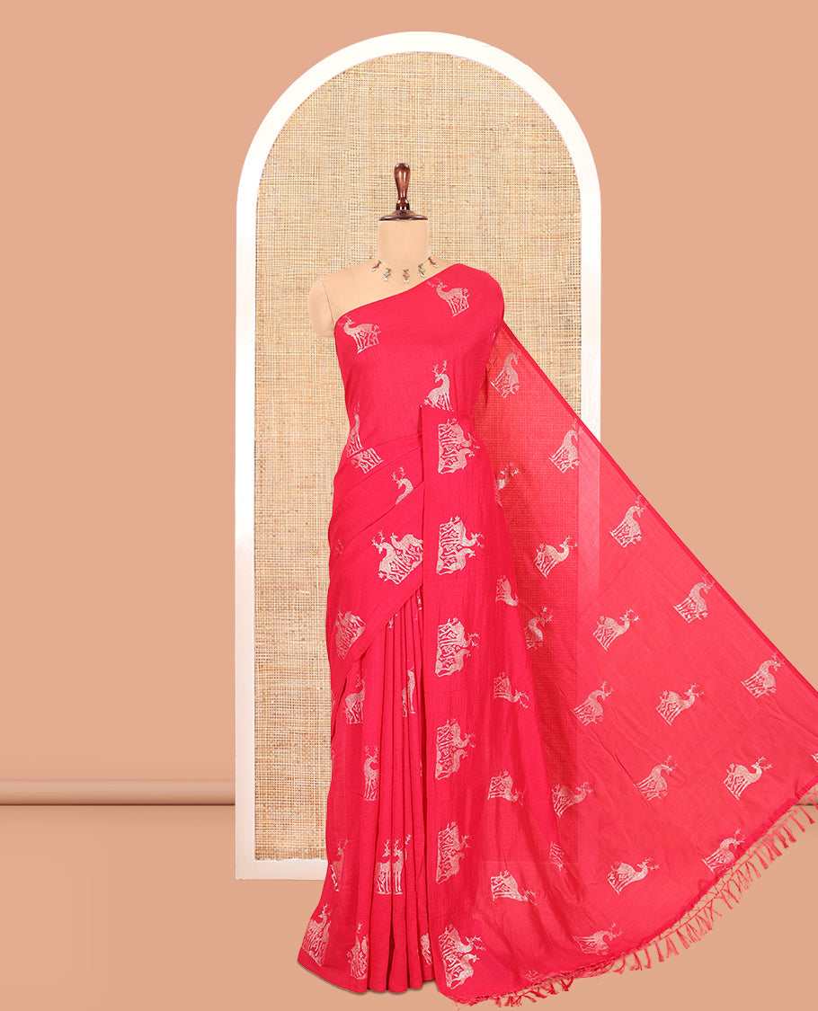 Borderless Pink Vichitra Silk Saree with Deer Motifs, Self-Pallu, No Blouse