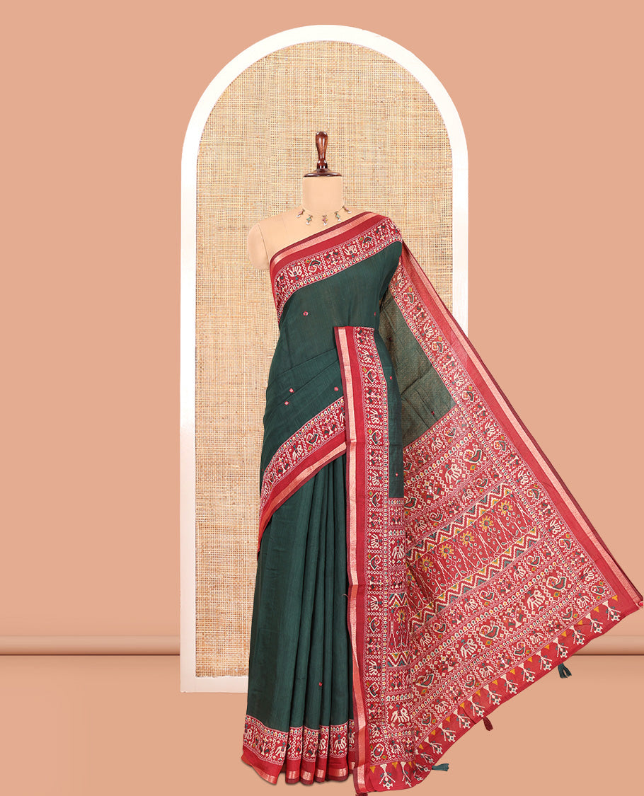 Green Manipuri Tussar Saree, Delicately Woven with Mirror Work, a Contrast Patola Animal Motif Border, Patola Pallu, a Contrast Blouse