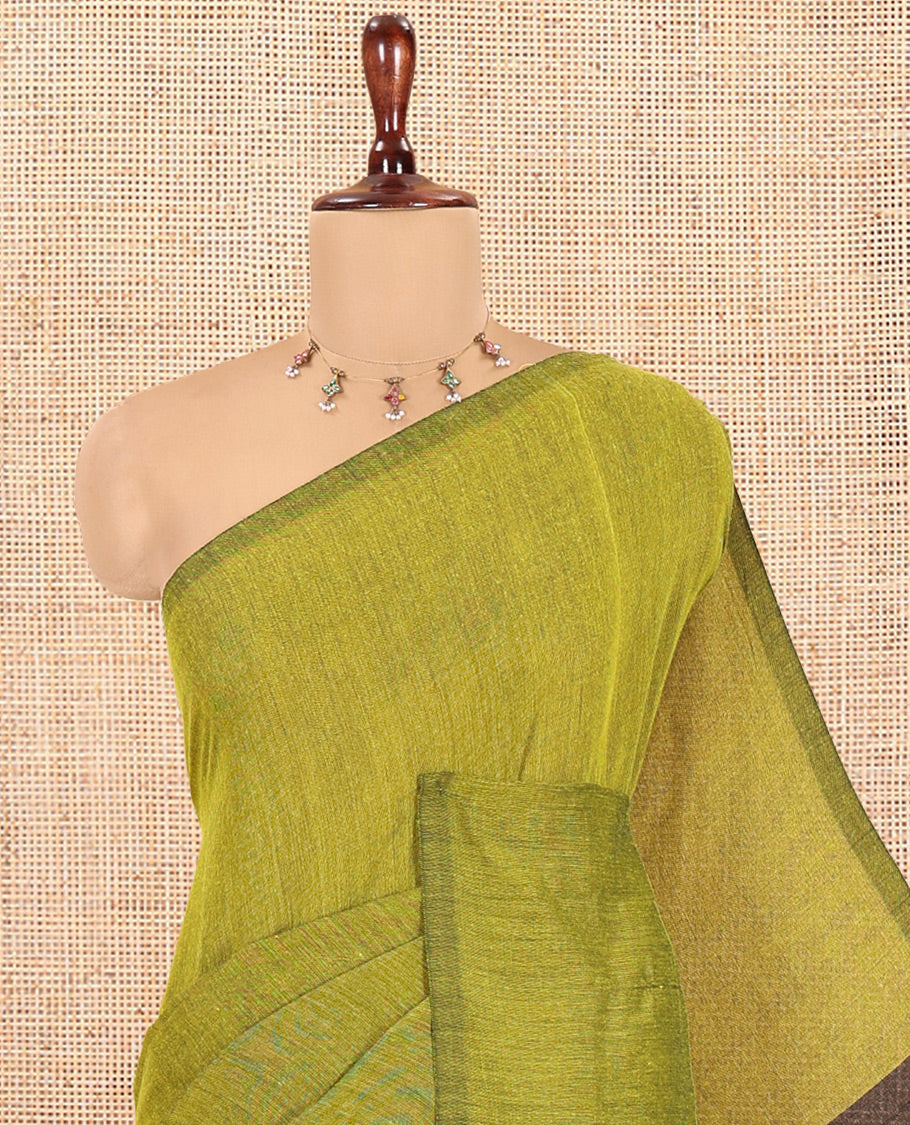 Borderless Yellow-Green Plain Khadi Cotton Saree, Contrast Pallu of Stripes, No Blouse