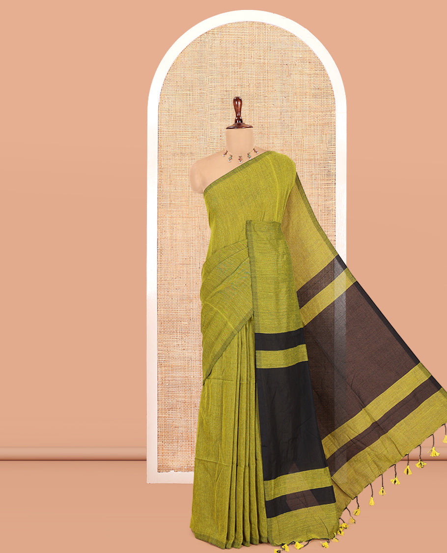 Borderless Yellow-Green Plain Khadi Cotton Saree, Contrast Pallu of Stripes, No Blouse