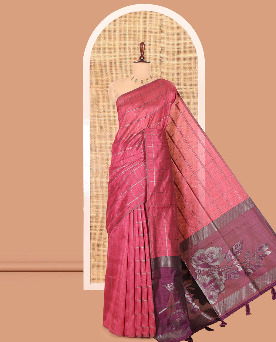 Borderless Pink Jute Cotton Saree