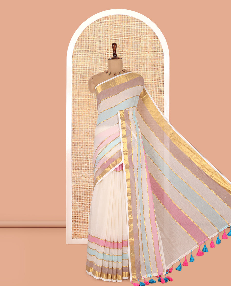 Cream Khadi Mul Cotton Saree