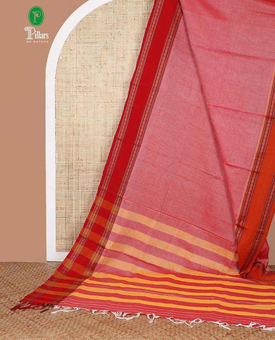 Onion pink narayanapet cotton saree with ganga jamuna border & striped pallu along with running blouse