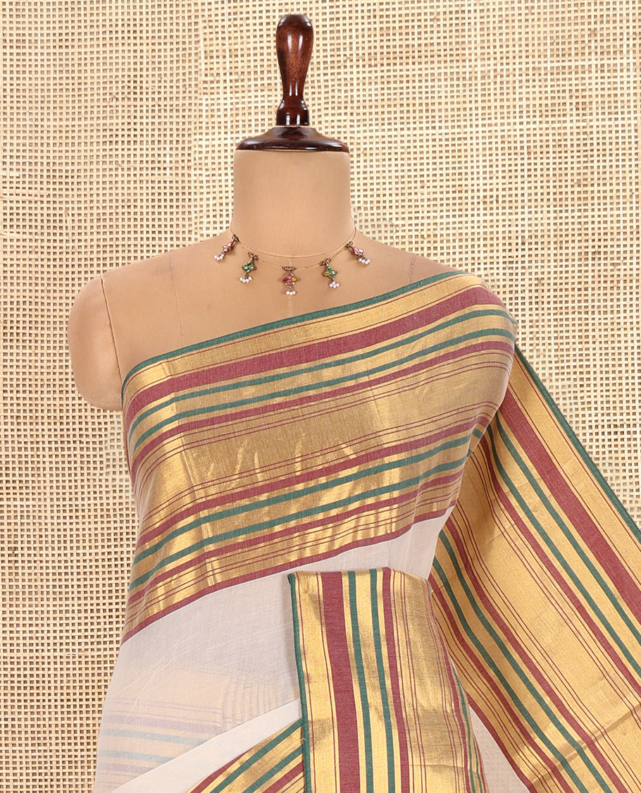 Cream-Maroon Plain Khadi Mul Cotton Saree