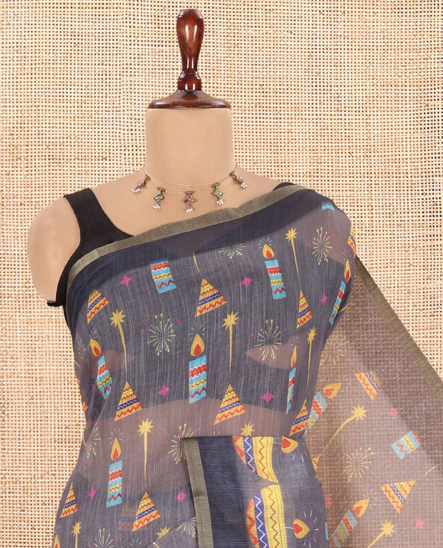Grey Diwali-Style Printed Linen Cotton Saree